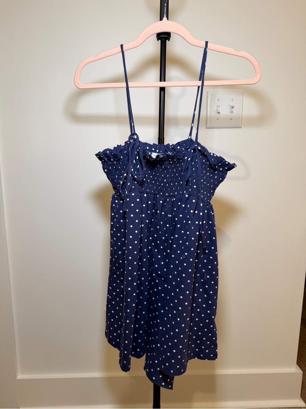 Girls Navy Polka Dot Romper with Spaghetti Straps